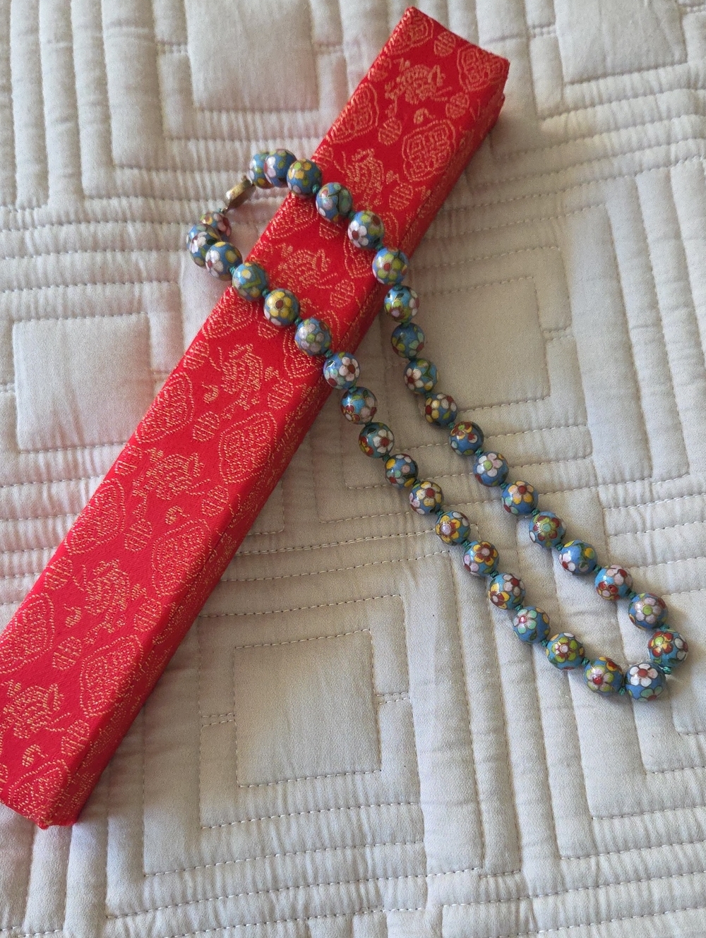 Vintage Floral Cloisonné Bead Necklace in Blue and Multicolor